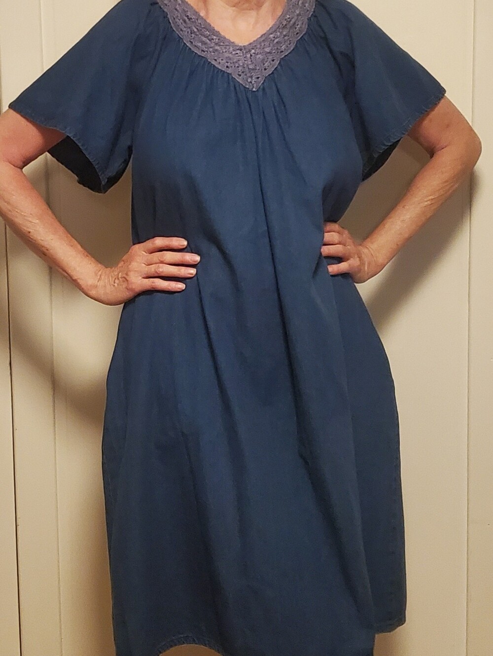 V-Neck Indigo Midi Dress with Lace Trim